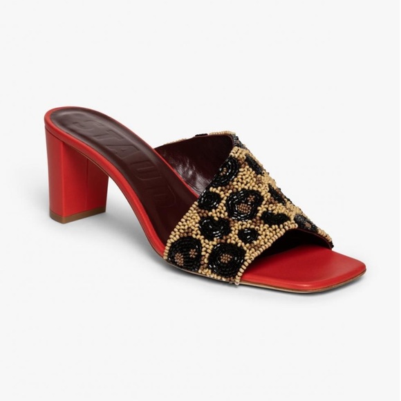 STAUD Shoes - STAUD Asymmetrical Beaded Leopard Mule Sandals